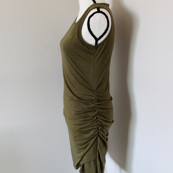 Olive Green Side Ruche Sleevless Bodycon Dress - Picture 4 of 7